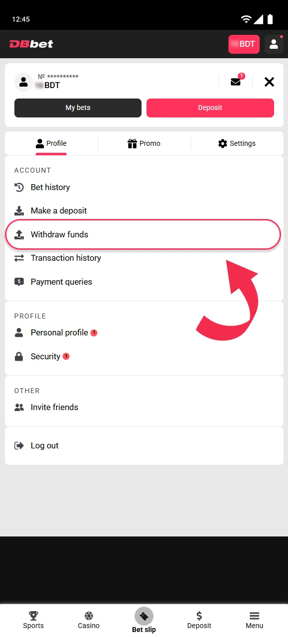 Log in to your DBbet account and go to the cashier desk.