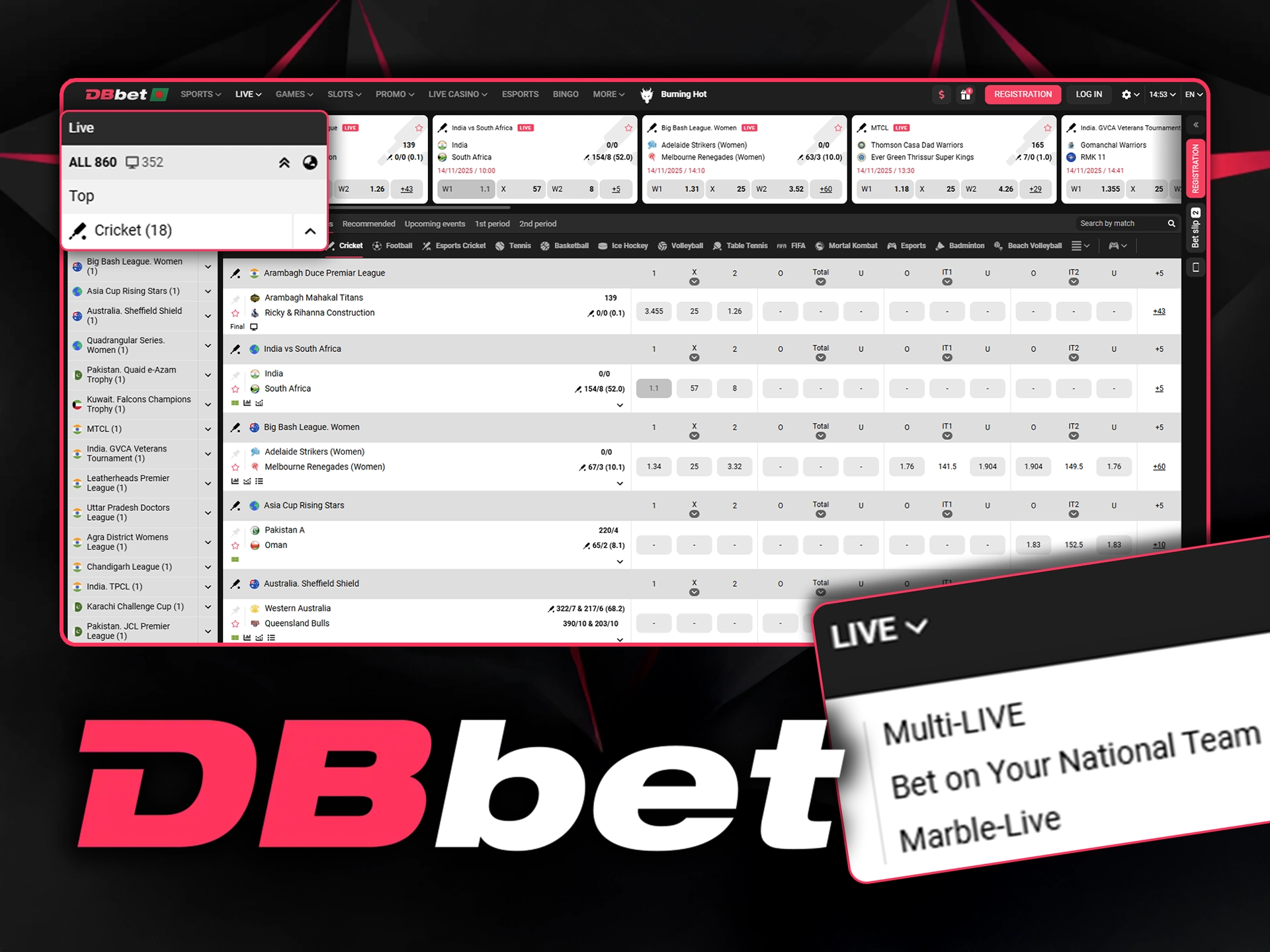 Follow the match and place live cricket bets at DBbet.