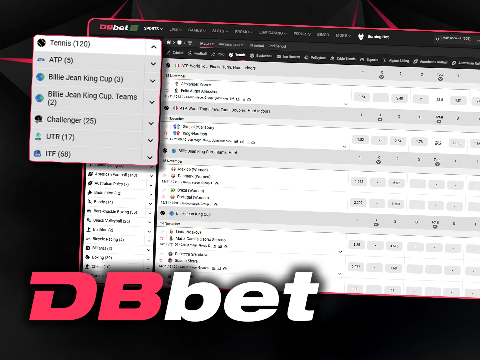 Don't miss the year's biggest events when betting on tennis at DBbet.