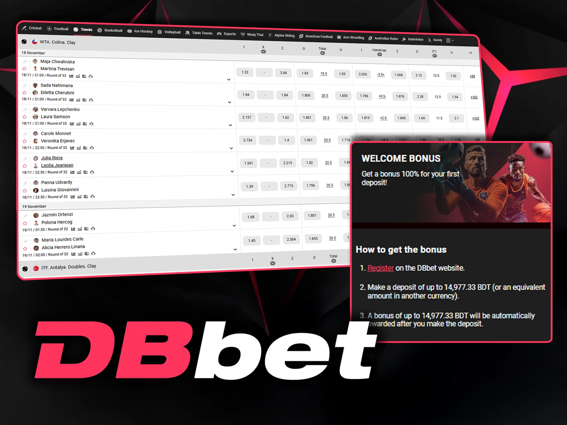 Place your bet on tennis with a welcome bonus from DBbet for big wins.