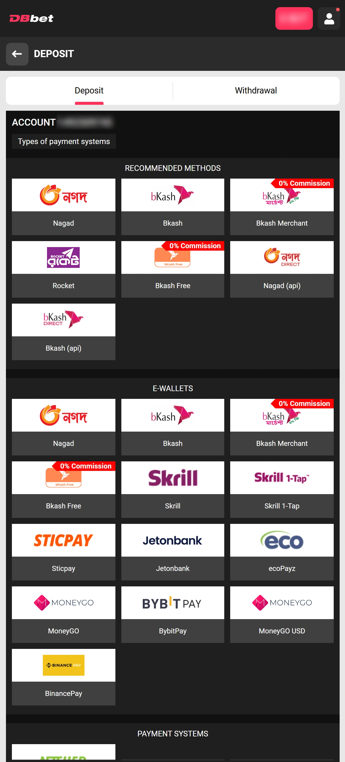 Select a payment method for making your secure DBbet deposit.
